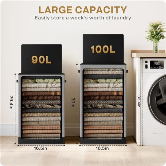 Laundry Hamper with Lid 100L Large & Tall Collapsible Laundry Basket, Clothes - Picture 2 of 7